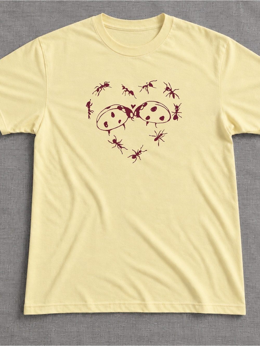 Gildan Pale Yellow Maroon Ladybug Heart Graphic Tee